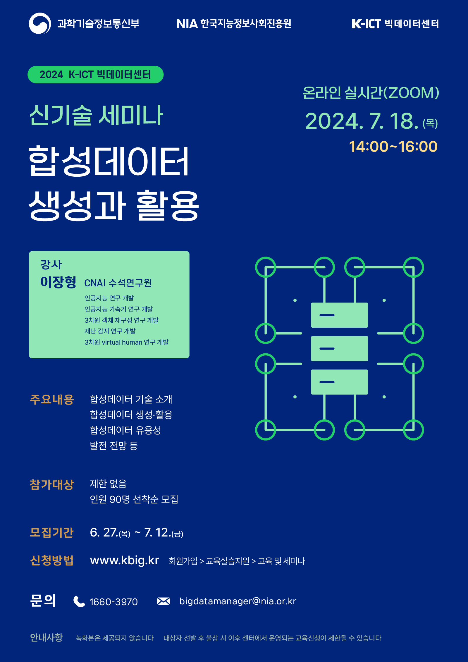 과학기술정보통신부 NIA 한국지능정보사회진흥원 K-ICT 빅데이터센터2024 K-ICT 빅데이터센터신기술 세미나합성데이터 생성과 활용온라인 실시간(ZOOM) 2024. 7. 18. (목)14:00-16:00강사이장형 CNAI 수석연구원인공지능 연구 개발인공지능 가속기 연구 개발3차원 객체 재구성 연구 개발재난 감지 연구 개발3차원 virtual human 연구 개발주요내용합성데이터 기술 소개합성데이터 생성·활용 합성데이터 유용성 발전 전망 등참가대상 제한 없음인원 90명 선착순 모집모집기간6. 27.(목)~7.12.(금)신청방법 www.kbig.kr 회원가입>교육실습지원>교육 및 세미나문의 1660-3970bigdatamanager@nia.or.kr안내사항 녹화본은 제공되지 않습니다 대상자 선발 후 불참 시 이후 센터에서 운영되는 교육신청이 제한될 수 있습니다